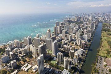 downtown oahu hawaii aerial with sea and waterway