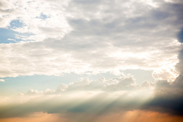 landscape. sky with clouds background. sun ray on daylight. The heaven, place of god concept. paradise on earth. dawn of the day. light in the dark day concept. image for background, wallpaper.
