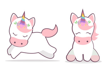 Cute unicorn set vector. Kawaii style illustration.
