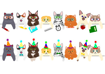 cute kitties border set with school items and with party hats and ties