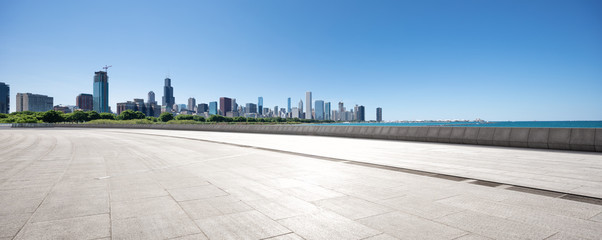 empty ground with modern cityscape in chicago