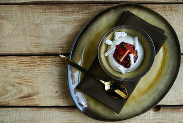 Ice cream with strawberries, currants and mint leaf . Estonian sweet dessert Kama with yoghurt...