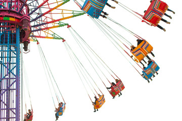 People who enjoy the attraction. High in the sky, a fun family day in an amusement park. Isolated...