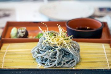 Soba set, soba noodles, black soup,wasabi and fresh egg. Japanese noodles.Famous Asia traditional cuisine. image for menu list and copy space.