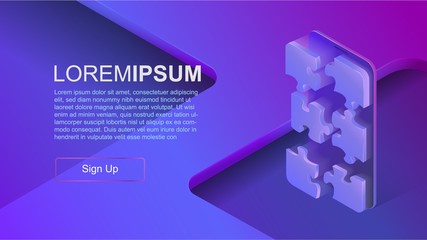 Concepts mobile usage, personal data. Header for website with smartphone and puzzle concept on blue violet background. Design for Landing Page. 3d isometric flat design. Vector illustration.