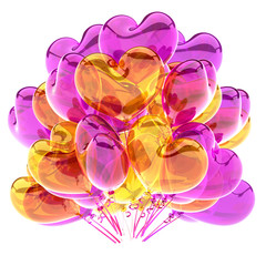 colorful heart shaped party balloons purple yellow translucent. birthday decoration romantic glossy. holiday, celebration love greeting card. 3d illustration