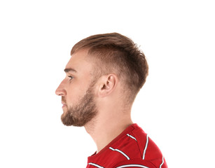 Young man on white background. Hearing problem