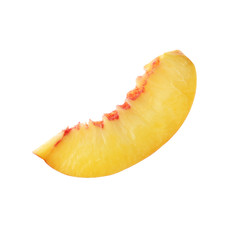 Slice of juicy peach on white background