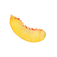 Slice of juicy peach on white background