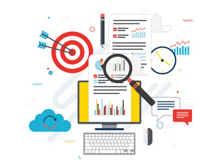 Fototapeta premium Flat design concepts for business marketing, analytics and strategy in vector design. Data analysis and finance, digital marketing and startup and new business. Vector icon set business.