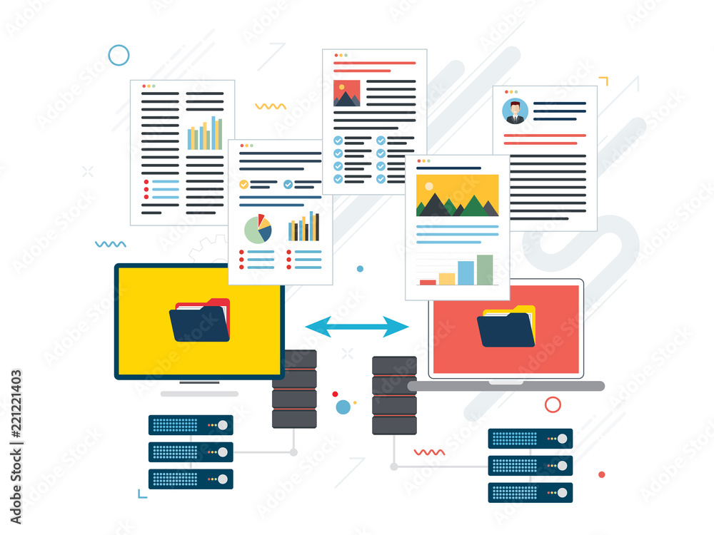 Poster transfer data between computer and laptop. backup data and computer network.