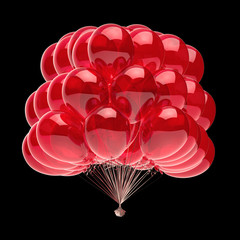 anniversary celebrate decoration balloons party birthday symbol red glossy. helium balloon bunch shiny. holiday invitation greeting card design element. 3d illustration, isolated on black