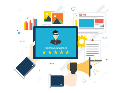 Rating system on tablet screen with stars. Feedback and qualification in chat, social media, marketing, video, market online, photos and email in flat design vector illustration.