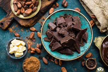 Chocolate. Dark bitter chocolate chunks, cacao butter, cocoa powder and cocoa beans. Chocolate background