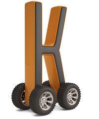 Alphabet K with wheels isolated on white background 3D illustration.