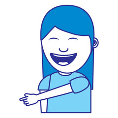 portrait laughing young woman pointing with finger something