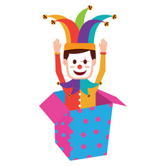 joker with clown mask in the box prank hands up fools