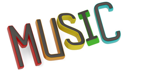 Music word colorful text isolated on white background 3D illustration.