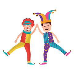 funny happy clown and man with jester clothes hat characters