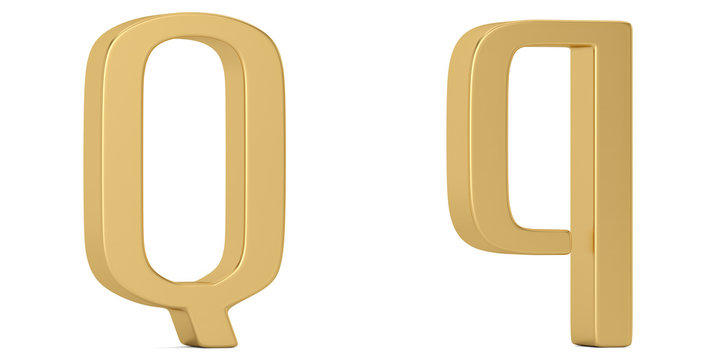 Gold metal q alphabet isolated on white background 3D illustration.