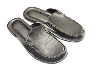 men's leather black slippers on a white background