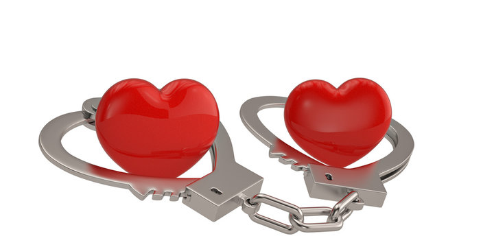 Handcuffs in the form of heart and hearts isolated on white background 3D illustration.