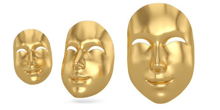 Gold happy  mask isolated on white background 3D illustration.