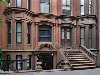 front steps of New York brownstone apartment buildings - obrazy, fototapety, plakaty