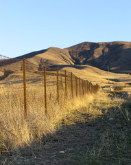 Obraz premium metal fence in the field at sunset