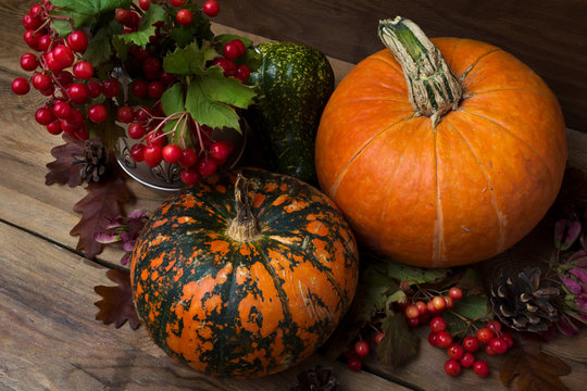 Thanksgiving rustic decor with viburnum and pumpkins