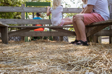 little girls and dad riding on hay ride in autumn © David Prahl