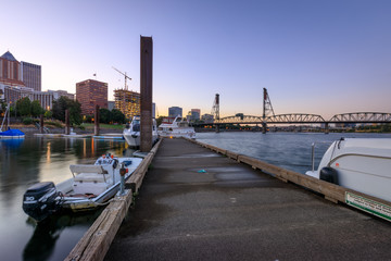 Sailboat Docked at Portland Downtown Waterfront Marina Along Willamette River