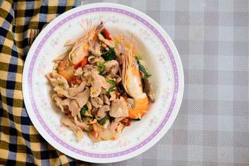 Stir-fried of pork and shrimp mix with basil leaf