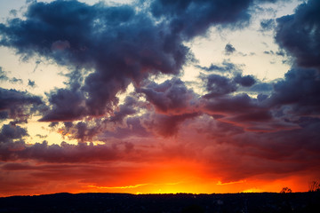 Dramatic stormy Clouds over during sunset over St Louis River Duluth Minnesota