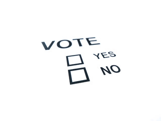 Close up photograph of a generic yes or no voting ballot isolated on a white background with open...