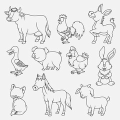 Cartoon farm animals thin lines collection isolated on white background