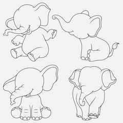 Fototapeta premium Cartoon Elephant thin lines with different poses and expressions
