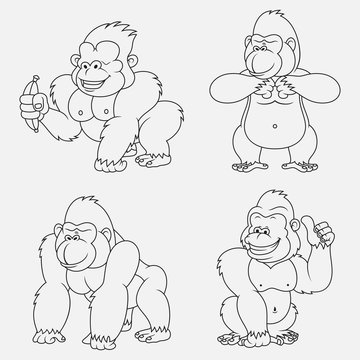 Cartoon Gorilla thin lines collection isolated on white background