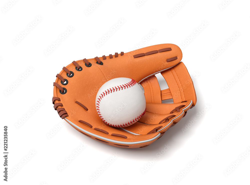 Poster 3d rendering of a white baseball with red stitching lying inside an open leather mitt on a white bac