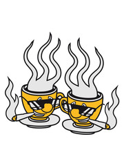 2 freunde team paar cool kiffer weed rauchen hanf joint gesicht lebendig dampf heiß glas tasse tee kanne kaffee trinken durst kochen getränk schwarztee café lecker comic cartoon clipart