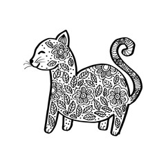 Funny cats with floral ornament. White background.