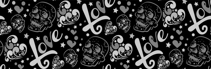 seamless patterns with skulls and calligraphic text - love