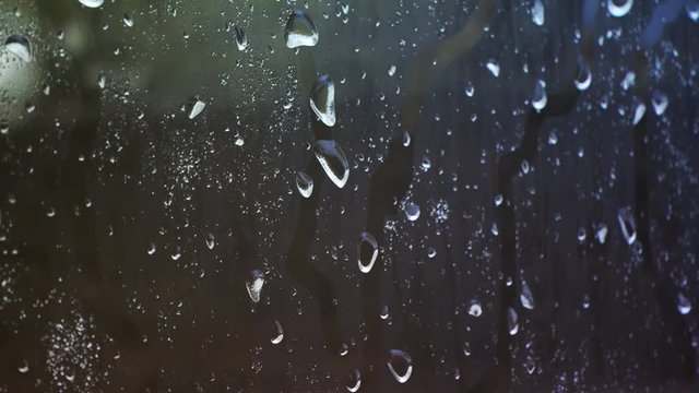 Landscape moving behind a train window full of water droplets and condensation.