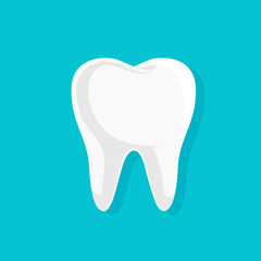 Single white and healthy tooth. Dental care concept. Icon design. Vector illustration isolated on blue background.