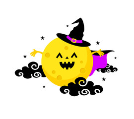 Cute cartoon character moon wearing a witch suit. Happy Halloween concept. Illustration isolated on white background. For poster, banner, greeting card, invitation.