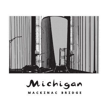 Mackinac Bridge - Famous Architectural Construction In Michigan. Beautiful Vector Illustration Of A Long Steel Suspension Bridge, Architecture Located In North America.