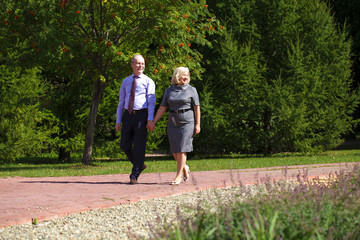 Senior couple walking in summer in park