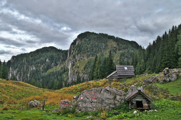 Traditional wooden shepherd huts on high alpine meadow in slovenian part of Julian Alps