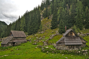 Traditional wooden shepherd huts on high alpine meadow in slovenian part of Julian Alps
