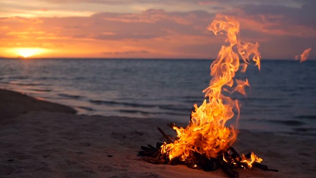 Blazing campfire on the beach during summer evening. Bonfire in nature as background. Burning wood on white sand shore at sunset. selective focus. tropical romantic landscape near sea water edge.